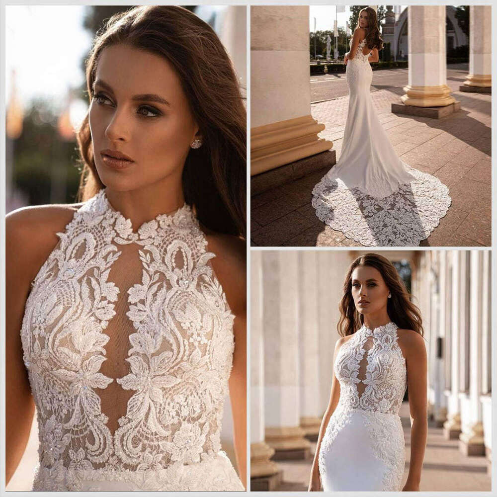 Dresses Mermaid Halter Appliques Backless Sleeveless or-Length Princess Bride Wedding Dress Custom Made