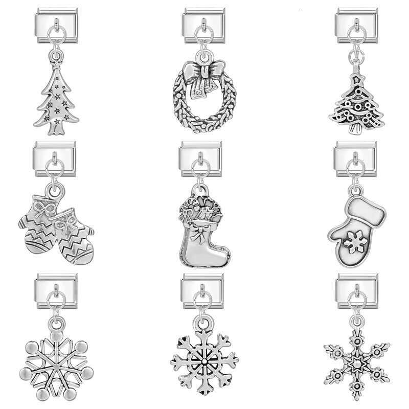 New Women's Gift Christmas Bell Socks snowflake Pendant Italian Charms Links Bangle Beads Fit 9mm Stainless Steel Bracelet Making DIY For Women F