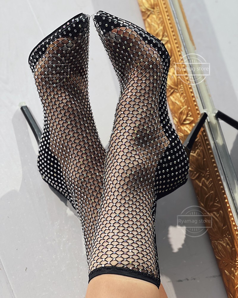 Sandals Women's Fishnet Mesh Rhinestone Stiletto Heel Boots Nightclub Crystal Bling Summer Super Stiletto High Heels Gladiator