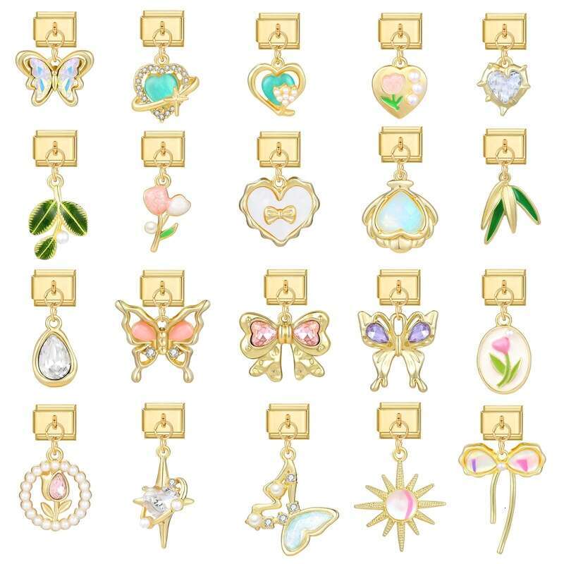 New Women's Gift Sun butterfly heart with gold Pendant Italian Charms Links Bangle Beads Fit 9mm Stainless Steel Bracelet Making DIY For Women Fa