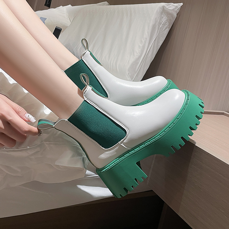 Winter Luxury Design Punk Gothic Street Women's Shoes Green Pink Thick Sole Chunky Heel Slim Chelsea Ankle Boots Fashion Boots