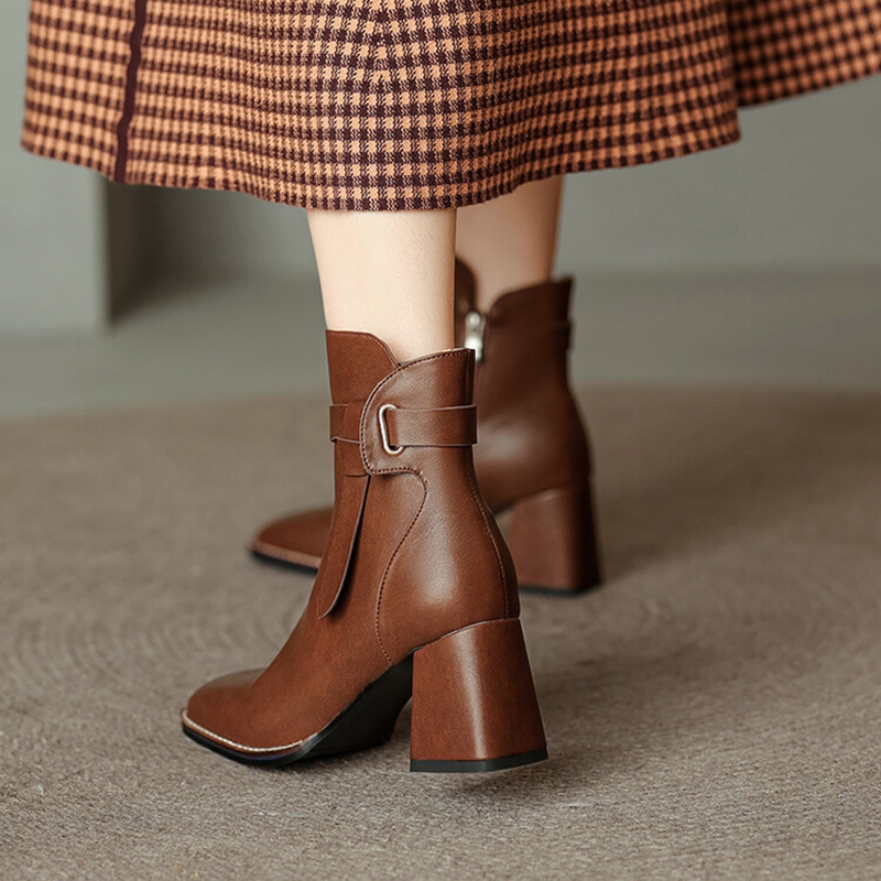 Casual NEW Split Leather Square Toe Chunky Shoes Winter Zipper Modern Women Solid High Heel Boots 70b6