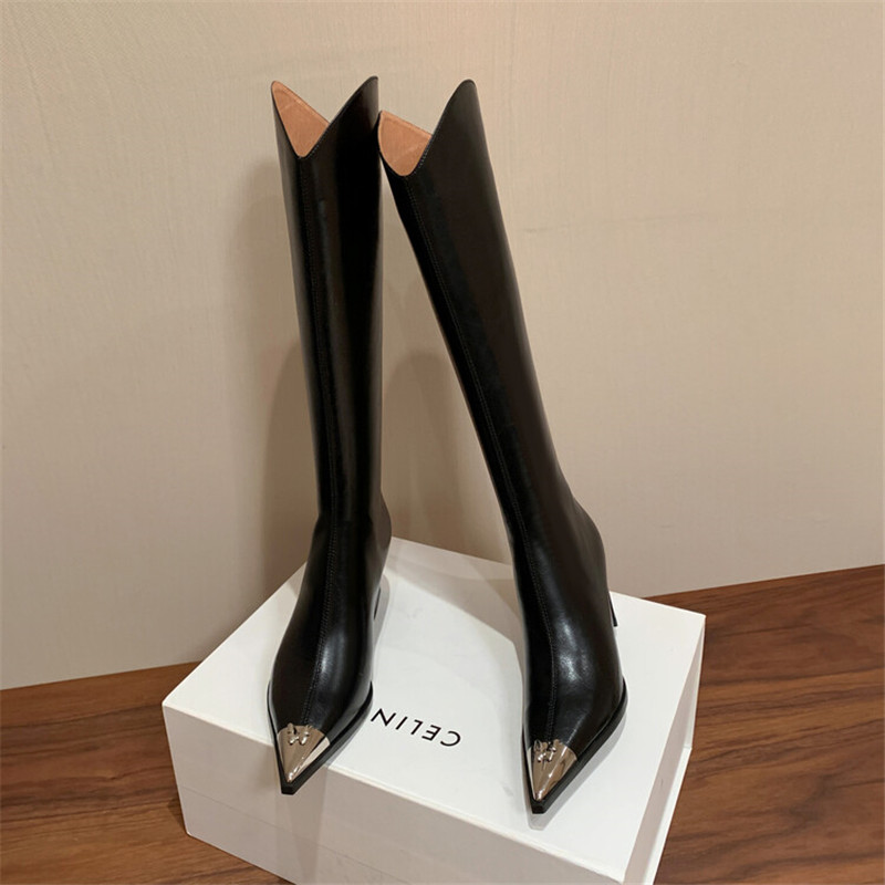 2023 Winter Knee-High Boots for Women Metal Pointed Toe Knight Boots Split Leather High Heels Women Boots Concise Boots De Mujer