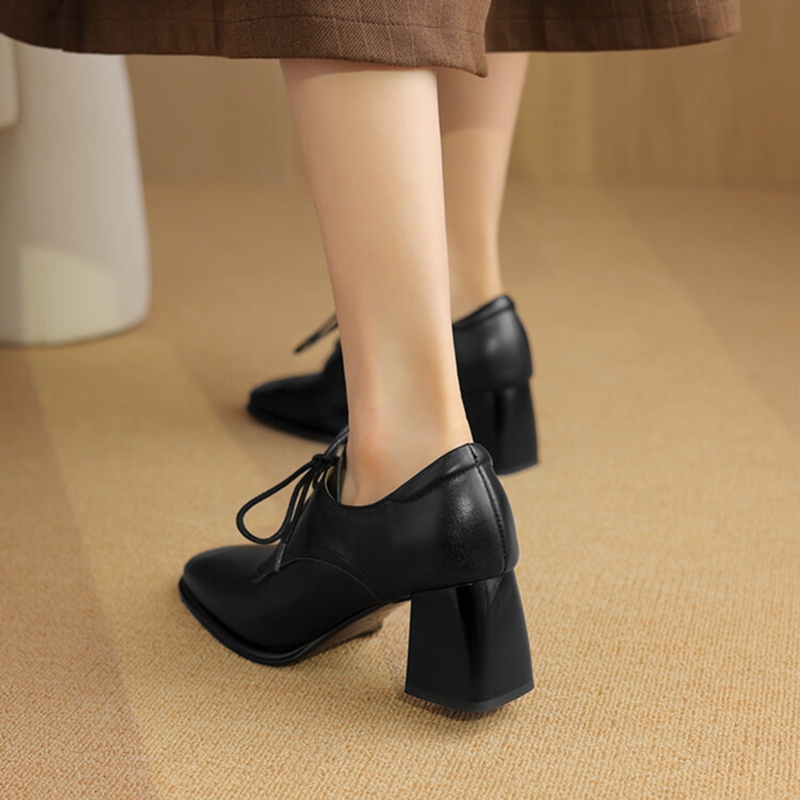 Genuine Spring/Autumn Leather for Square Toe Chunky Women Pumps Lace-up Black High Heel Shoes f005