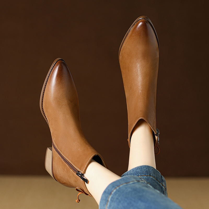 2024 Autumn Ankle Pointed Toe Women Western Boots Genuine Leather Office Lady Shoes 4bb3