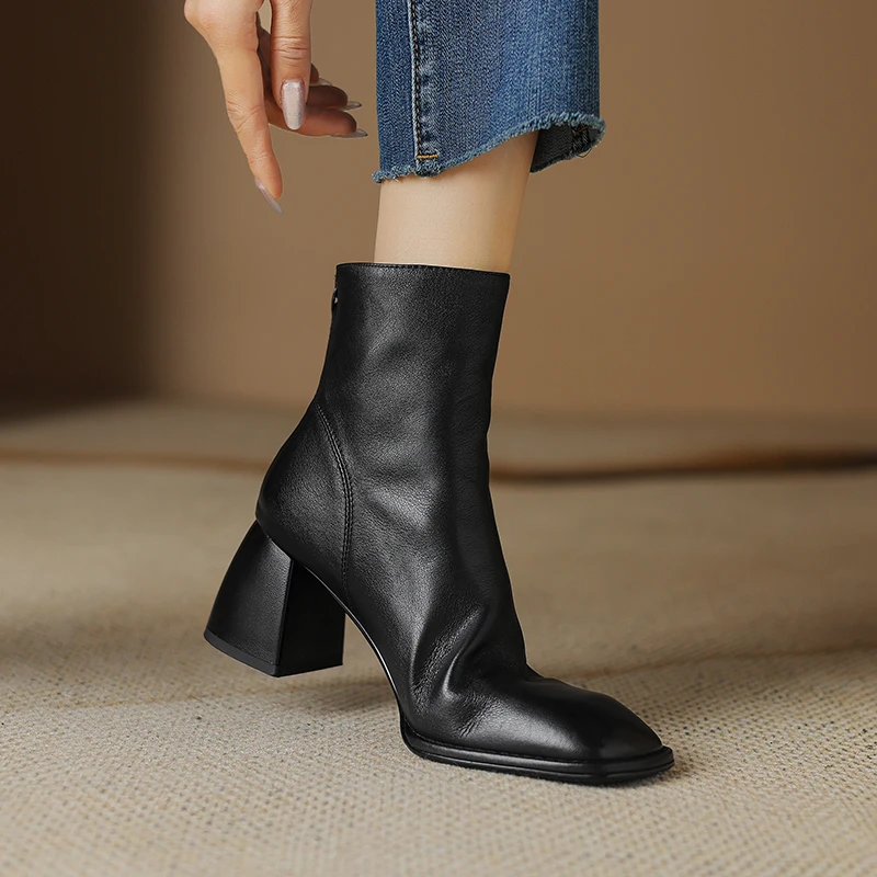 2024 Autumn/winter High Heels Square Toe Short Boots Women Office Gladiator Lady Shoes Genuine Leather 62ca