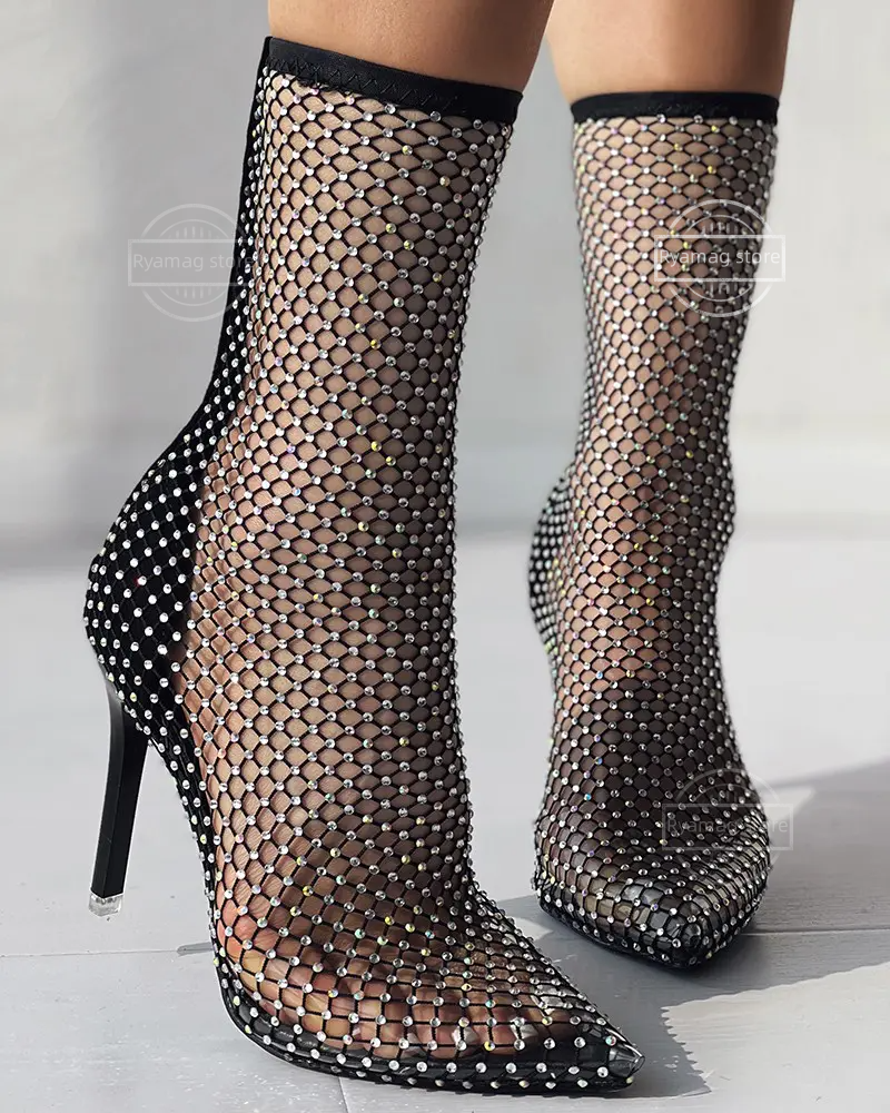 Sandals Women's Fishnet Mesh Rhinestone Stiletto Heel Boots Nightclub Crystal Bling Summer Super Stiletto High Heels Gladiator