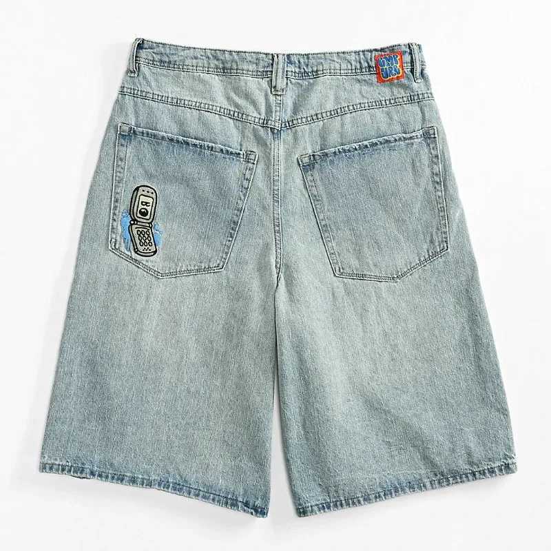 New Dark Blue Denim Skateboard Shorts Cartoon Design Relaxed Casual Jeans Wide-leg Pants Hip-hop Street Shorts For men and womenX240914