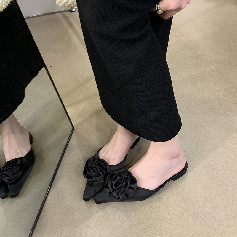 Shoes Female Slippers Casual Square heel Low Cover Toe Slides wer 2024 Block Flat Summer Pointed Fashion Fabric Rubber ecb7 04f