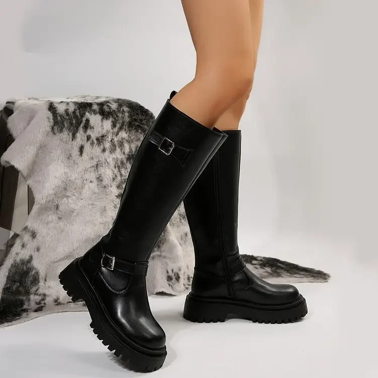 Belt Buckle Gothic Boots for Women Black Thick Heels Knee High Boots Woman Plus Size 42 Punk Long Botas Female 2024