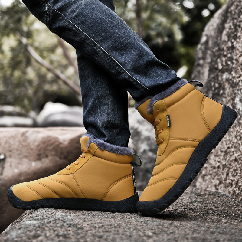 Autumn winter men's thick soled cotton shoes, high top, solid color, warm snow boots, large-sized lace up and plush shoes