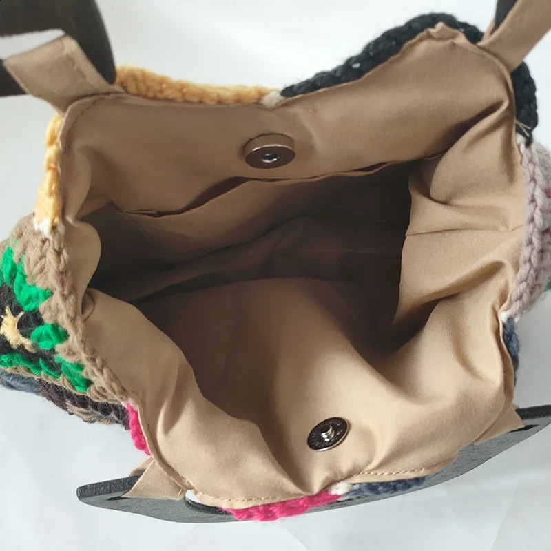 Bohemian Granny Square Crochet Womens Handbag Vintage Wooden Knitted Large 240913