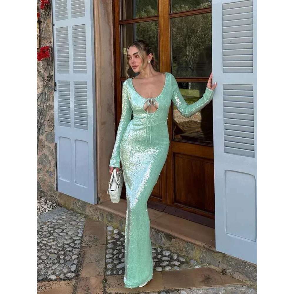 Sexy Shiny Sequin Hollow Out Lace Up Maxi Dress Women Chic Round Neck Long Sleeves Bodycon Dresses Lady Night Party Robe