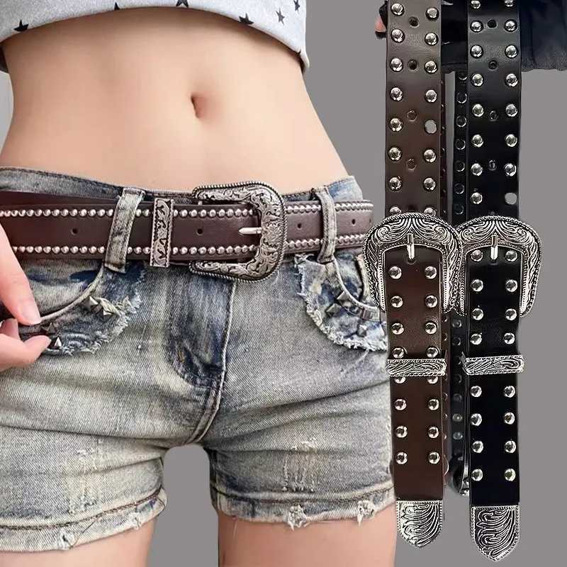Vintage Women Rivet Belt Y2k Women Retro Hip Hop Punk Belts Luxury Belt Double Row Hole Strap Casual Jeans Female Waist Belt MenX240914