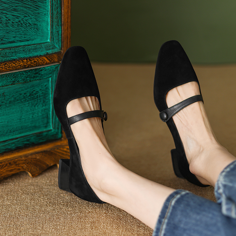 2025 new Spring Pumps for Women Square Toe Chunky Heel Suede Casual Slip-on Shallow Shoes Ladies Retro Low Heels 9d4d