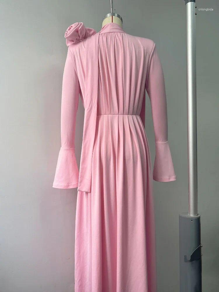 Casual Dresses XIZOU Spliced Appliques Ruched For Women Half High Collar Flare Sleeve Waist Split Thigh Solid Dress Female Cloth