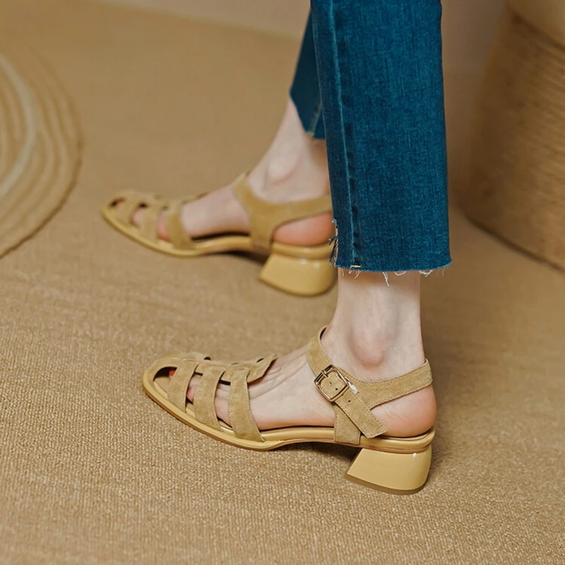 NEW Summer Women Sandals Sheep Suede Leather Shoes for Women Round Toe Chunky Heel Shoes Cover Toe Sandals Solid Gladiator Shoes