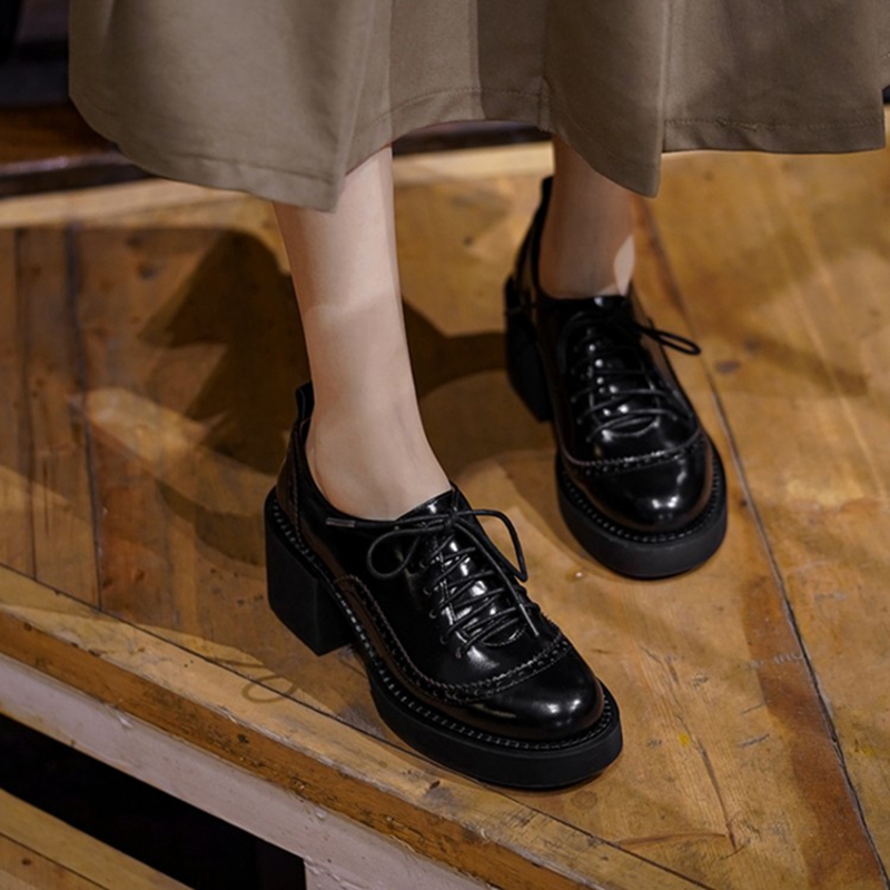 Spring/Autumn NEW Pumps Genuine Leather for Women Round Toe Chunky Heel Retro Brown Platform Ladies Shoes 4390 Platm