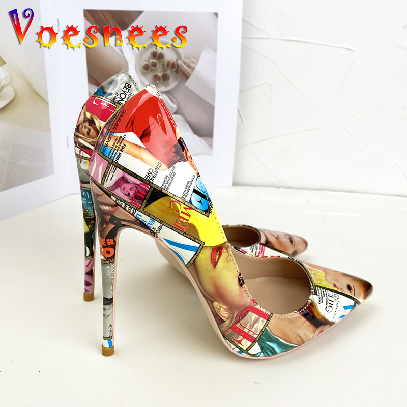 Europe And America Style Colorful Single Shoes Street Fashion Poster High Heels 12CM Nightclub Pointed Toe Women Printing Pumps