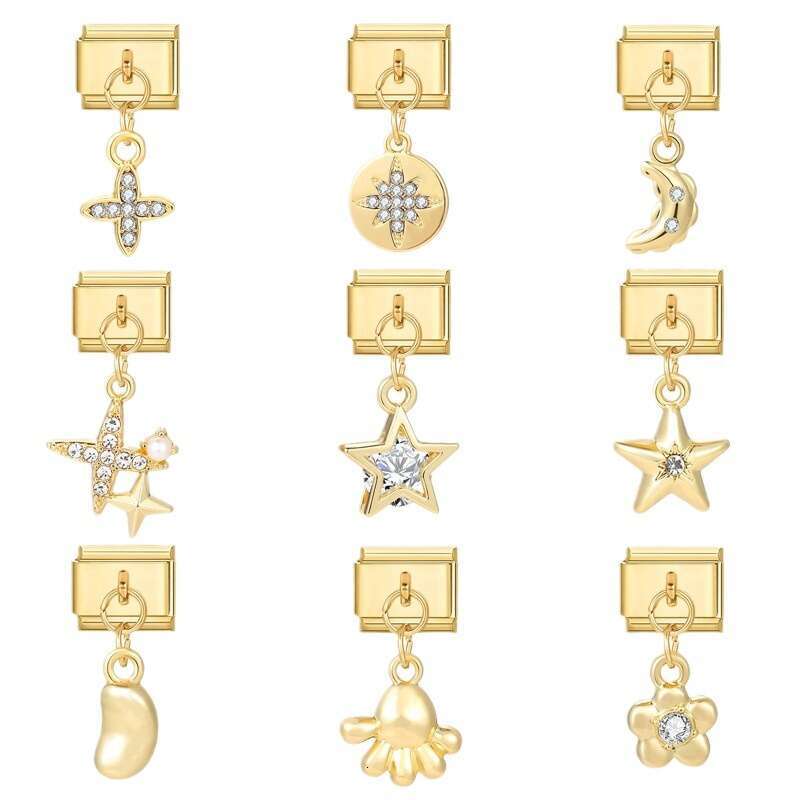 New Women's Gift Airplane pentagram Flower with gold Pendant Italian Charms Links Bangle Beads Fit 9mm Stainless Steel Bracelet Making DIY For Wo
