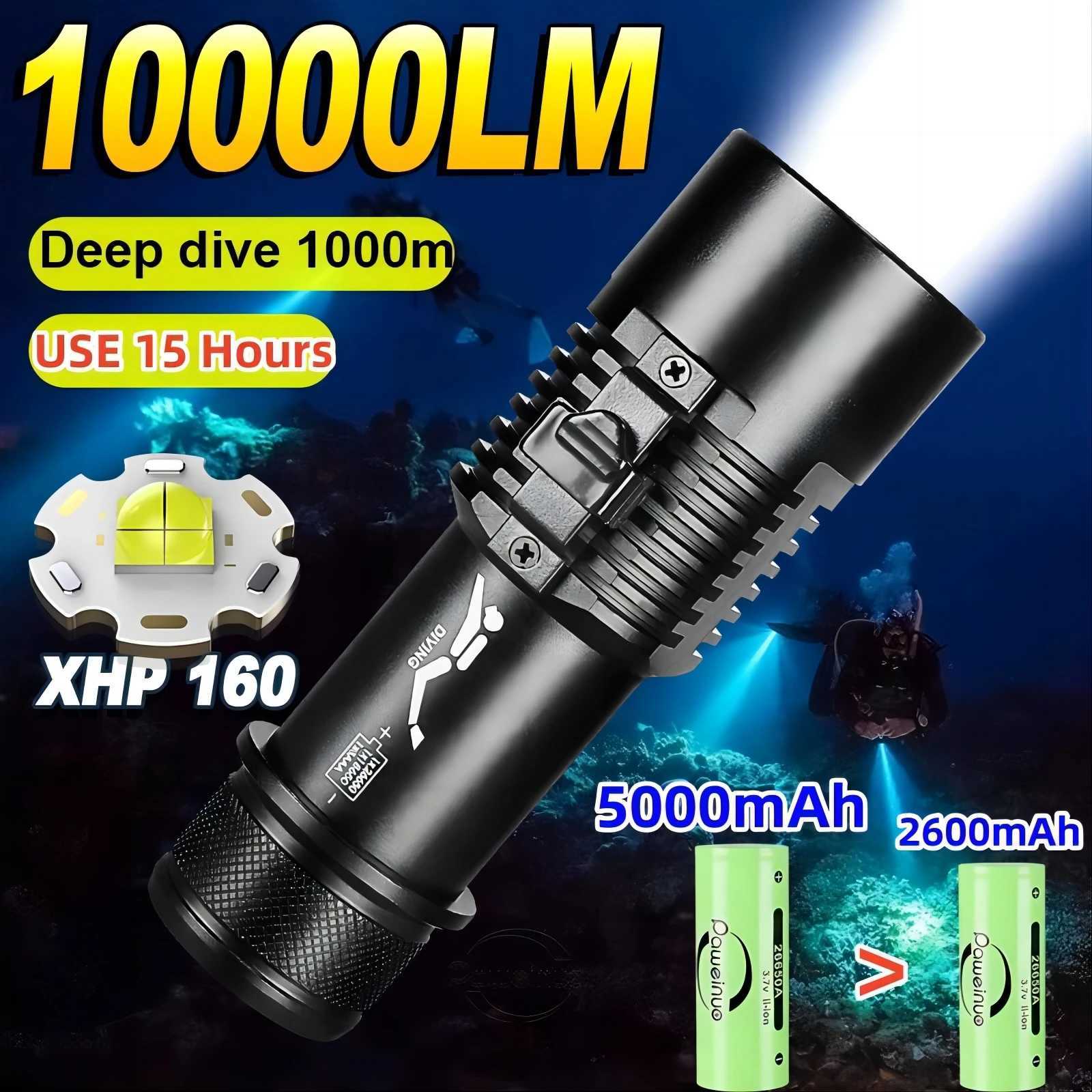 10000LM XHP160 LED High Power Diving Torch IPX8 Professional Diving Flashlight 5000mAh Underwater Lantern Scuba Waterproof Lamp Y240913