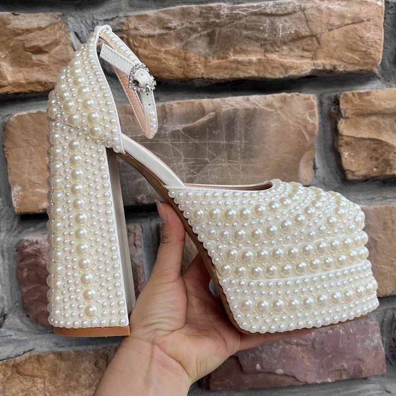 Brand Handmade Inlaid Pearls/rhinestones Sandals Wedding Bride Party Bownot Nightclub Steel Pipe Dance High-heeled Shoes Size 42