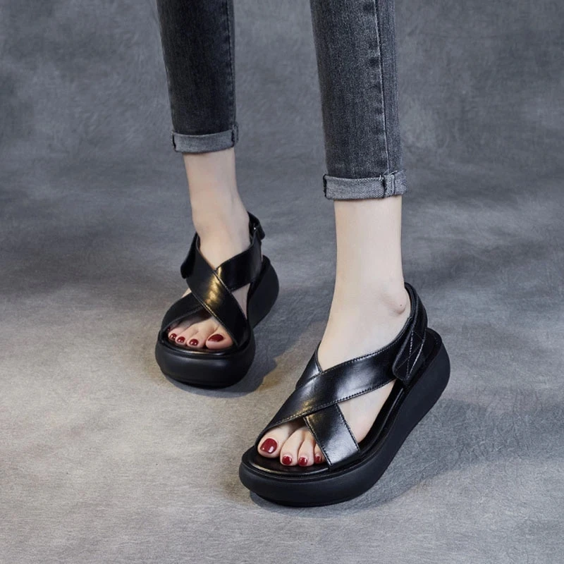 Women's Cross Strap Retro Sandals Soft Leather Platform Summer Thick Sole High Heels Ladies Wedges Shoes For Women Eu 35-40