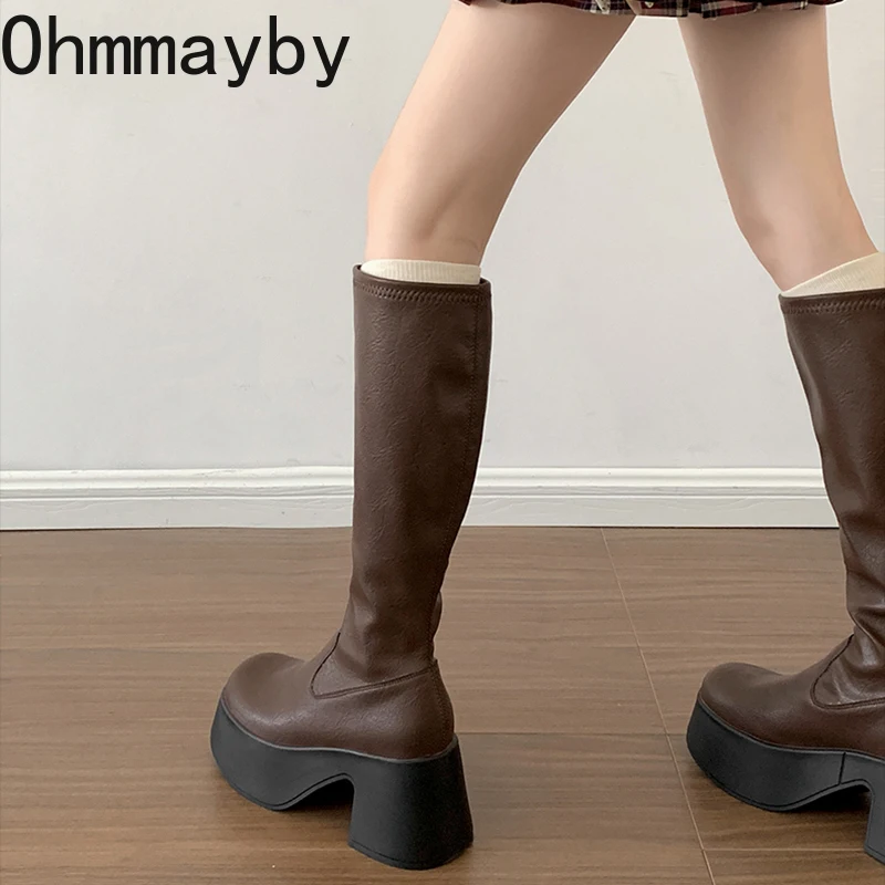 Punk Style Platform Women Knee High Boots Fashion Slip On Thick Heel Shoes Ladies Concise Knight Long Botas De Mujer