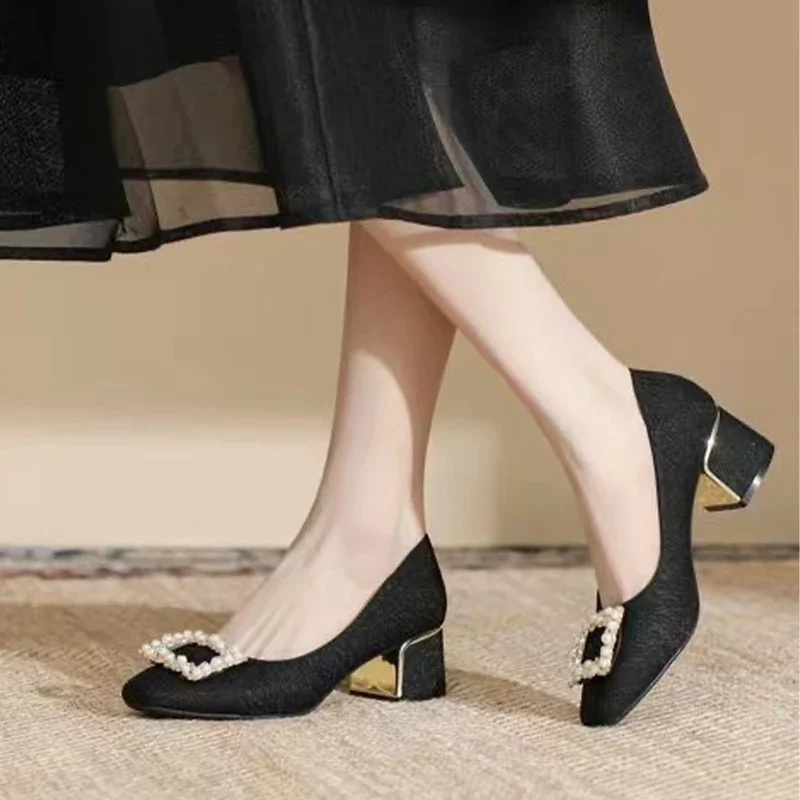 Summer Women Crystal Beaded High Heels Chunky Fashion Dress Shoes Elegant Shallow Femme Pumps ec72