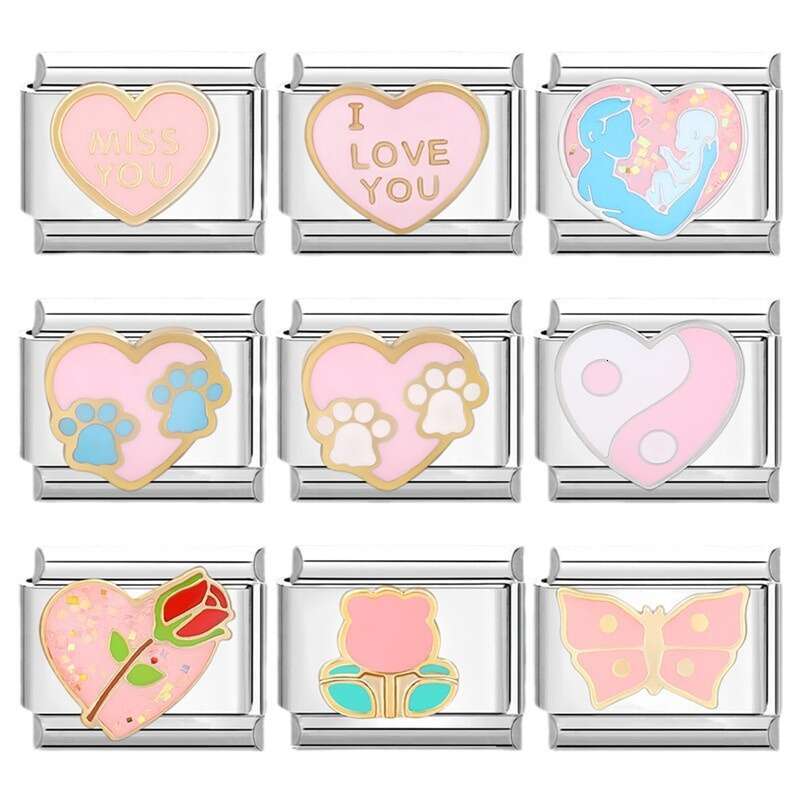 New Women's Gift Sweet pink heart Pendant Italian Charms Links Bangle Beads Fit 9mm Stainless Steel Bracelet Making DIY For Women Fashion Jewelry