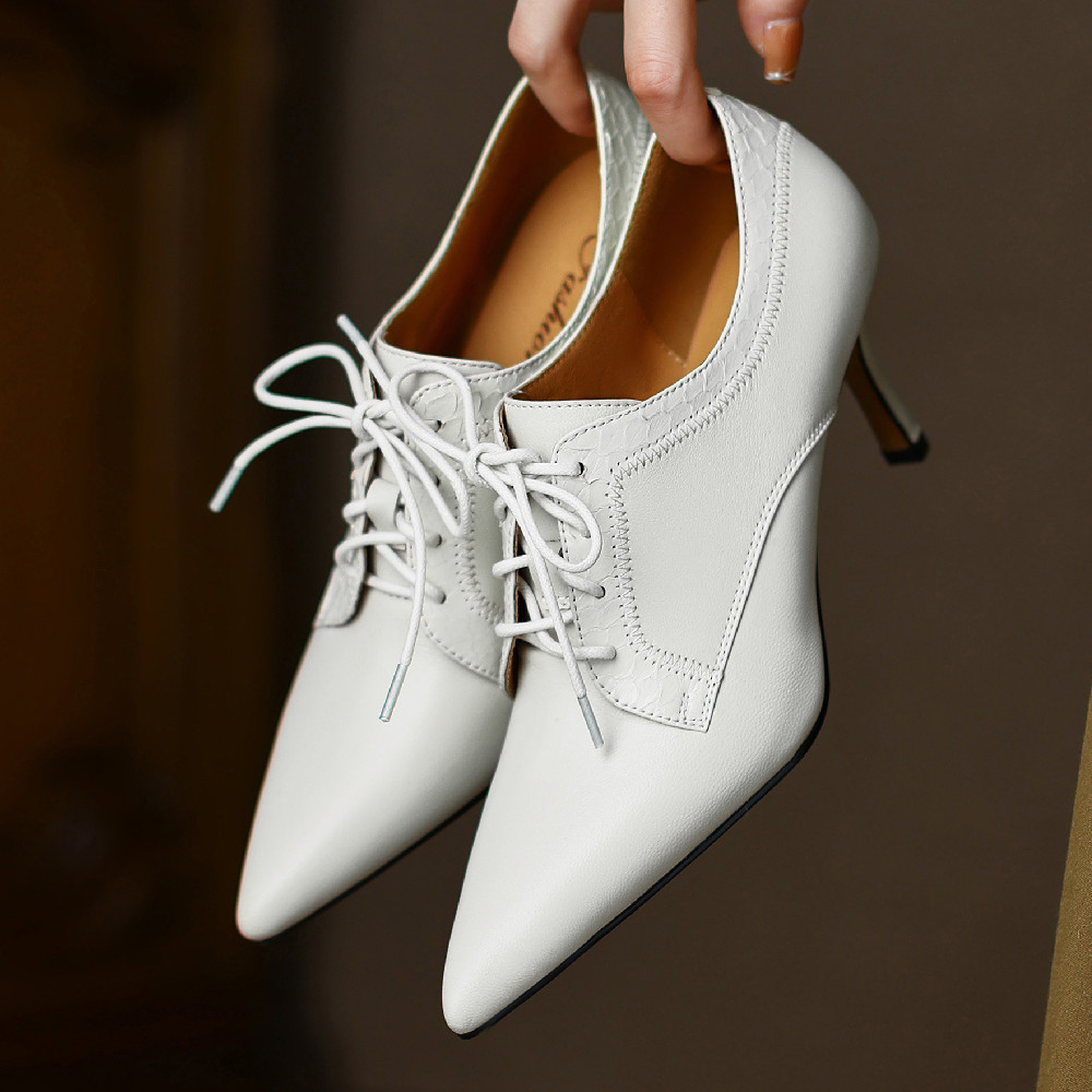 genuine Women's leather thin high heel pointed toe lace-up elegant ladies slim autumn OL style heeled dress pumps shoes ca62 ed