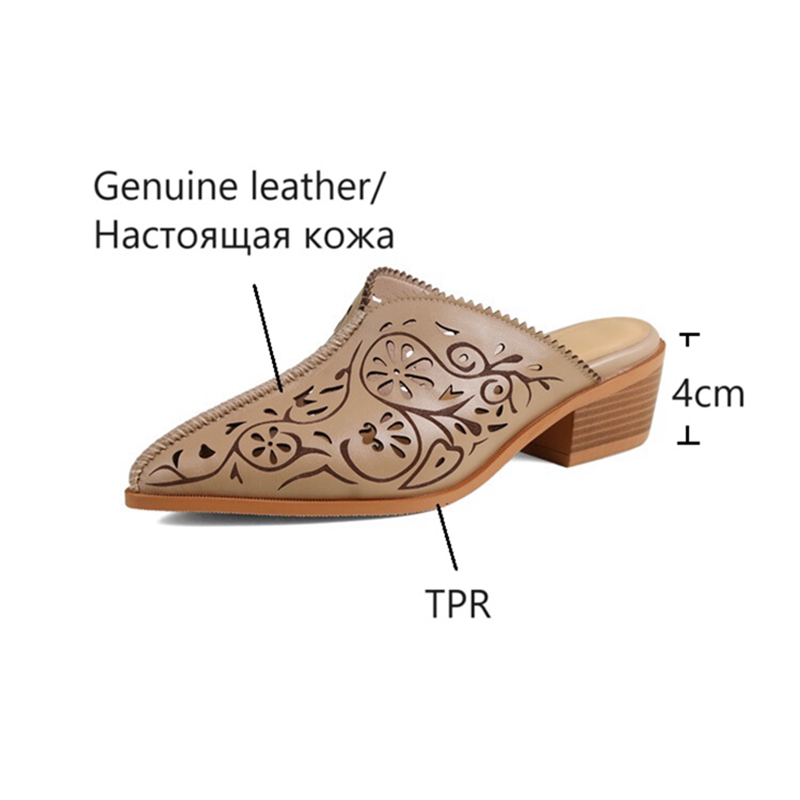 Mules Summer Genuine Leather Shoes New for Women Cover Chunky Heel Slippers Solid Pointed Toe Sgback Designer Sandals 1b39