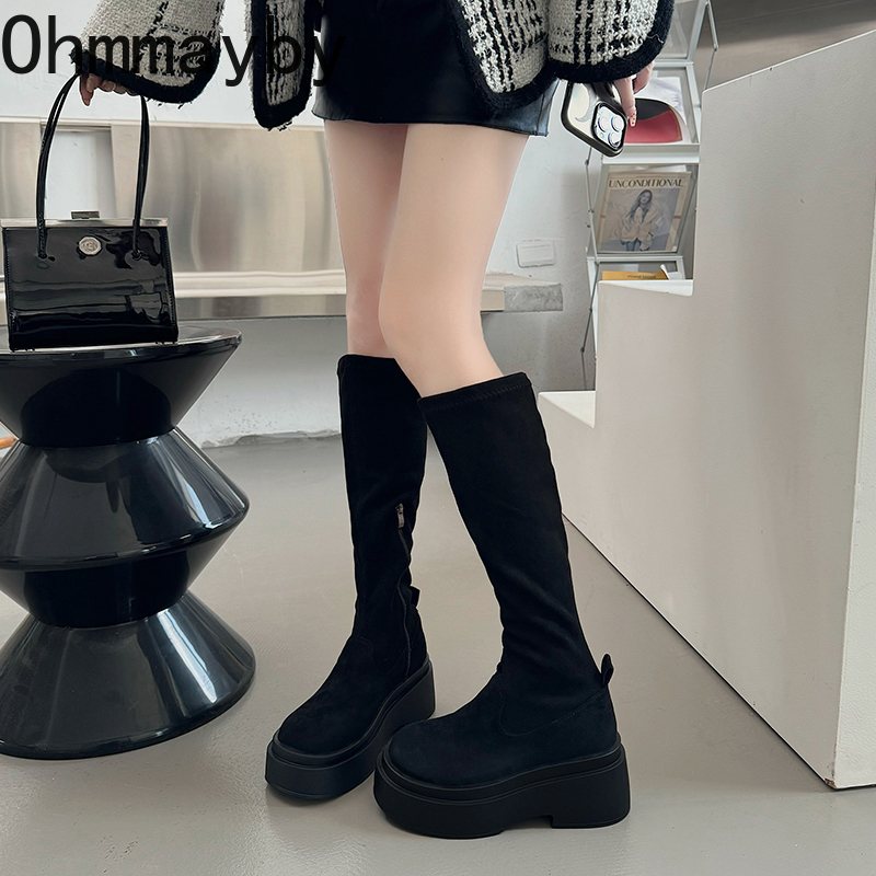 Women Chunky Over The Knee High Boots Fashion Slip On Stretch Long Booties Autumn Winter Platfrom Flats Ladies Shoes 6b7a