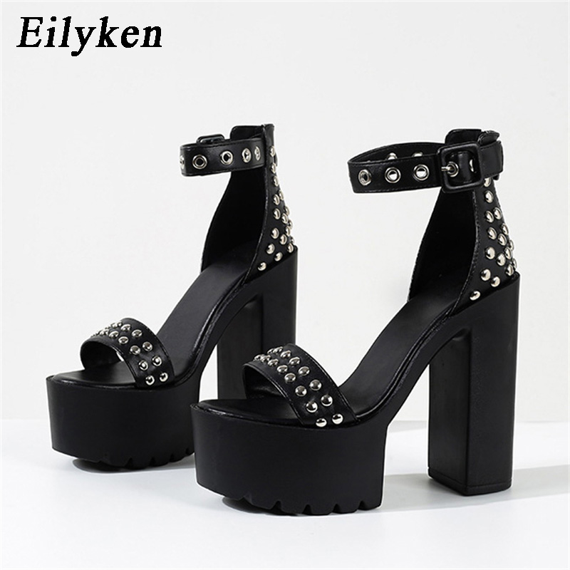 New Eilyken New Design Platform Rivet Women's Sandals High Heels Chunky Shoes Fashion Banquet Buckle Strap Summer Pumps 4438