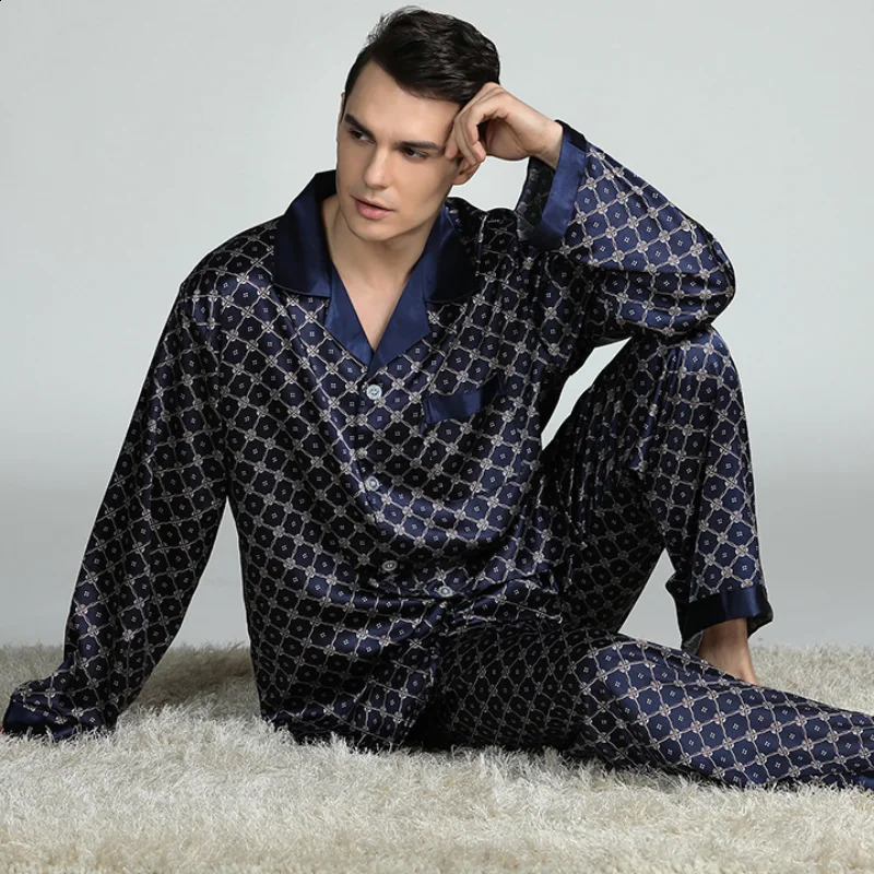 PLUS SIZE Mens Pajamas 2PCS Sleepwear Set Spring Autumn Long Sleeve Trouser Pijamas Suit Loose Print Silk Satin Lounge Wear 240905