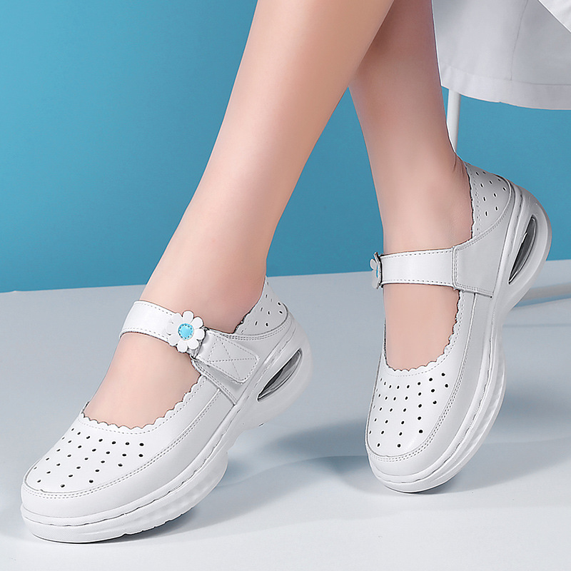 New Genuine Leather Round Toe Flat Non-slip Breathable Women's Flats Air Cushion Nurse Shoes White Wedges Hospital Work Shoes