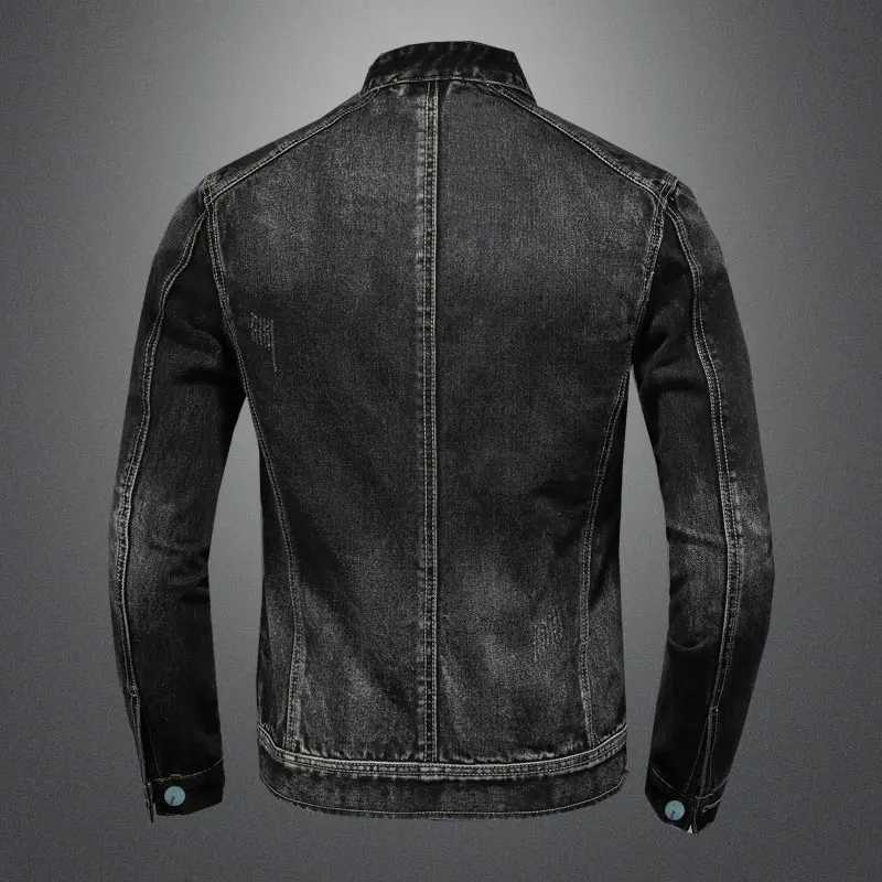 Autumn denim jacket mens long sleeved zipper retro black slim fit street fashion jacket W240914