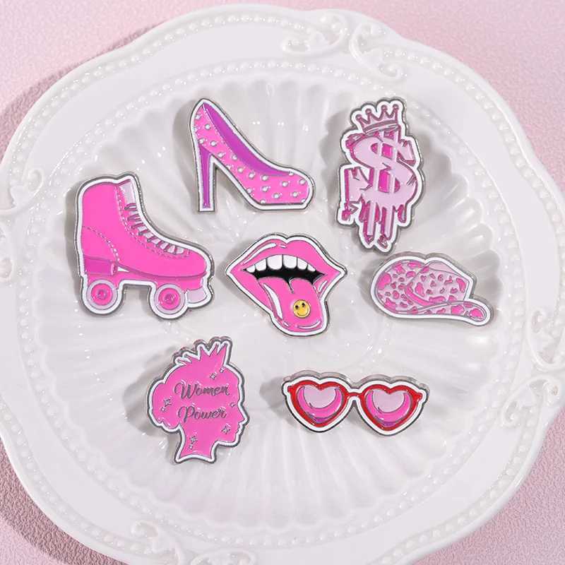 Pink Series Metal Brooch Leopard Butterfly Boxing Gloves Roller Skate Tongue Cherry Book I Am Enough Girl Badge Punk Pin JewelryX240914
