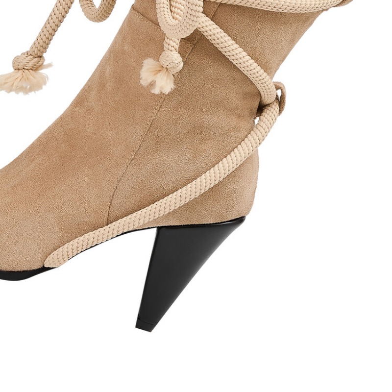 Solid Color Hemp Rope Cross Strap Pointed Thick Heeled Long Autumn Winter New Punk Rock Style Women Knee High Boots 35-46