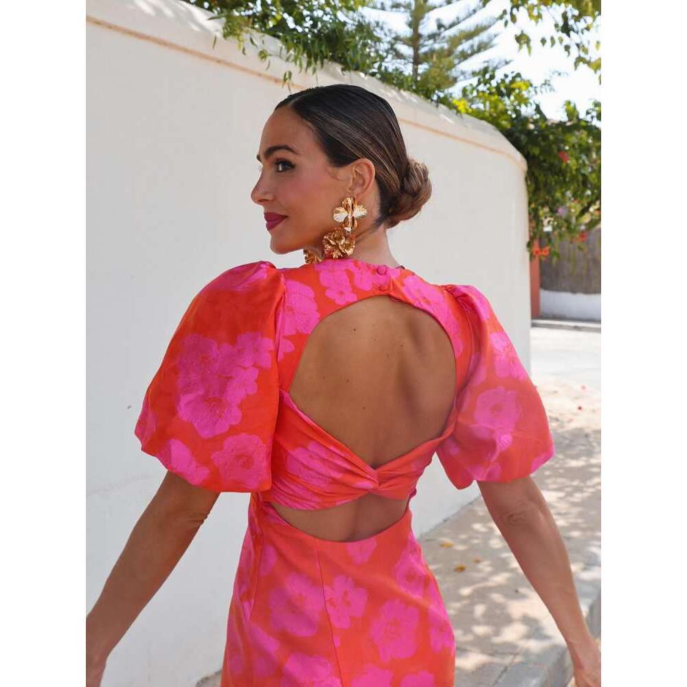 Women Fashion Printed Bow Hollow Out Mini Dress Elegant Square Neck Short Sleeve Dresses New Summer Female High Streetwear