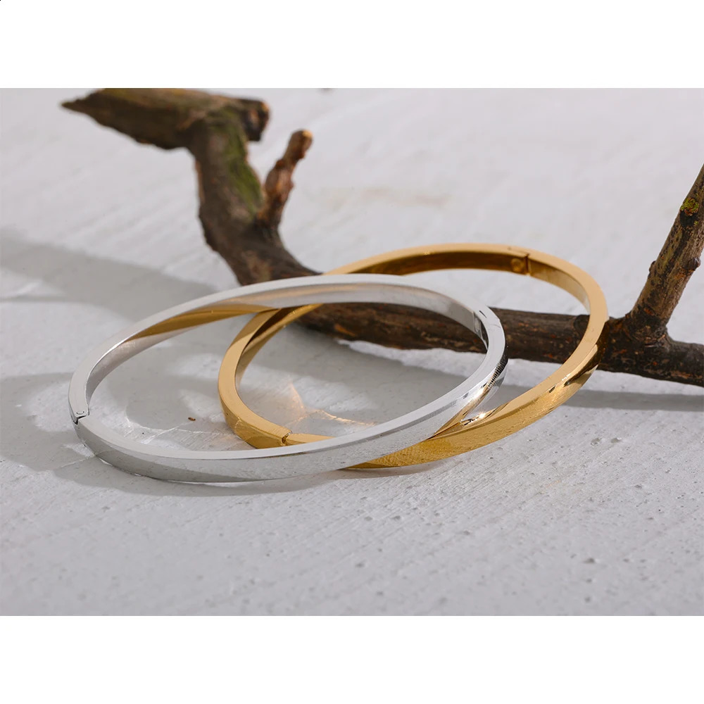 Yhpup 60mm Waterproof 316L Stainless Steel Round Smooth Bracelet Bangle Women Minimalist 18k Gold Color Texture Charm Jewelry 240914