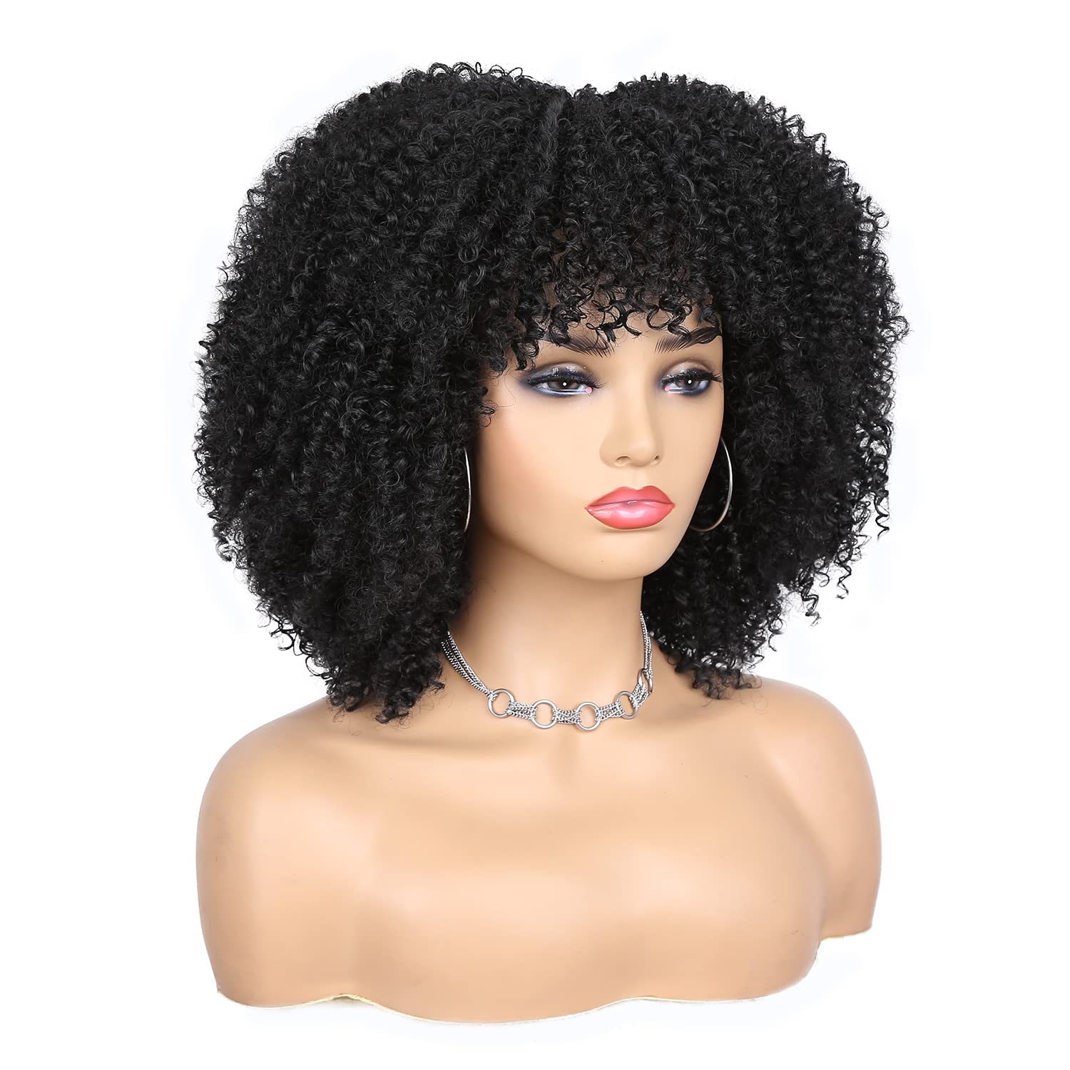 Afro Kinky Curly Wigs for Black Women Short Curly Wig with Bangs Curly Bob 14 Inch Natural Looking human Natural Black Full Wig