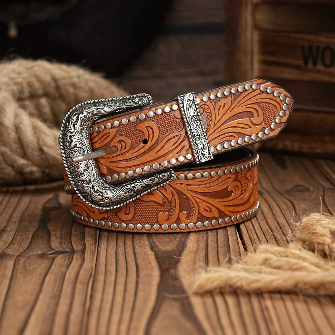 Western Cowboy PU Leather Belt - Men Waist Strap Bull Decoration Floral Engraved for JeansX240914