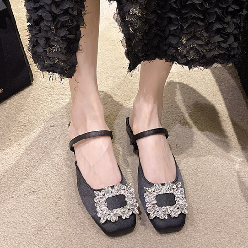 Women's Slippers 2024 Summer New Mules Crystal Slingback Dress Flip Flop Female Designer Mary Jane Square Toe Flat Shoes Sandals
