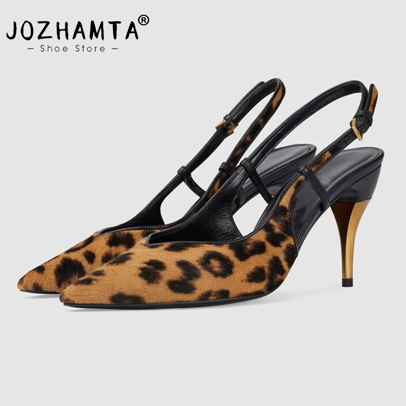 2025 new Size JOZHAMTA 34-43 Women Leopard Cone Heel Sandals Real Leather 2025 Ins Pointed Toe Sgback Buckle Summer Party Office Lady 4e1a