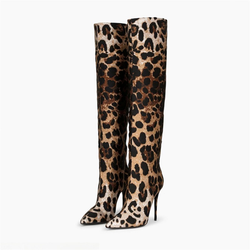 Pointed Thin Heel Leopard Print Long Boots for Women's Fashionable Sexy Mixed Color Knee High Boots Large Size 43 Women's Shoes