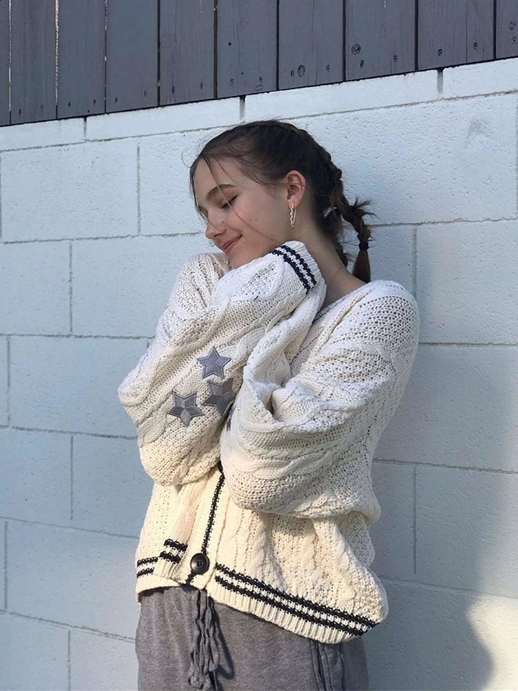 European American Autumn Winter Solid Color Long Sleeved Cardigan Women Knitted Single Breasted Sweater Jacket 240904