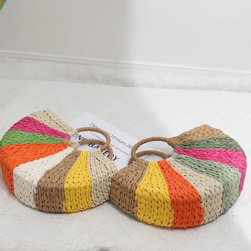 Rainbow colored grass bag summer semicircular handheld woven beach resort 240913
