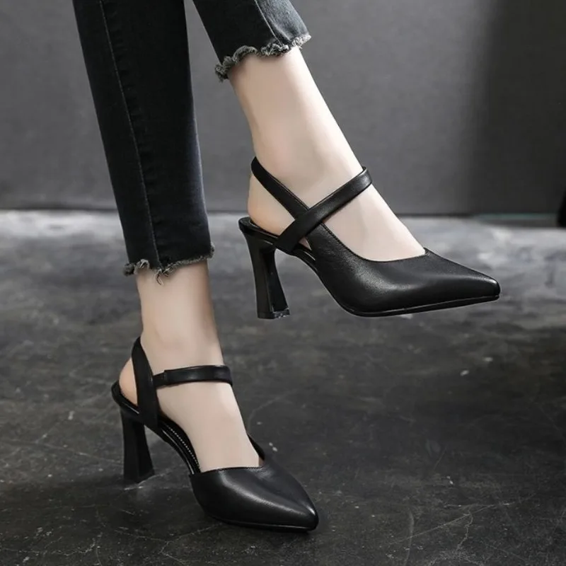 Women High Heels Sandals Shoes Pointed Toe Thick Heel Soft Sexy Pu Leather Slip on Pumps Solid Color Casual Party Office Shoes
