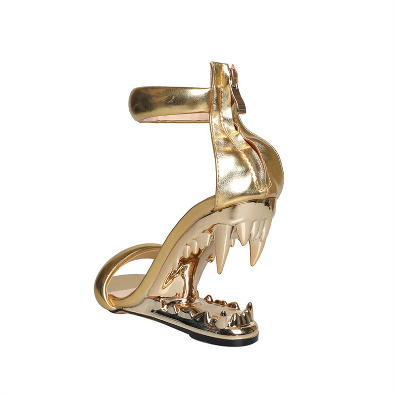 Brand Strange Heel Gold Tooth Wedge Heel Sandals Gold Leather Women's High Heels Summer Dress Banquet Show Designer Women Shoes